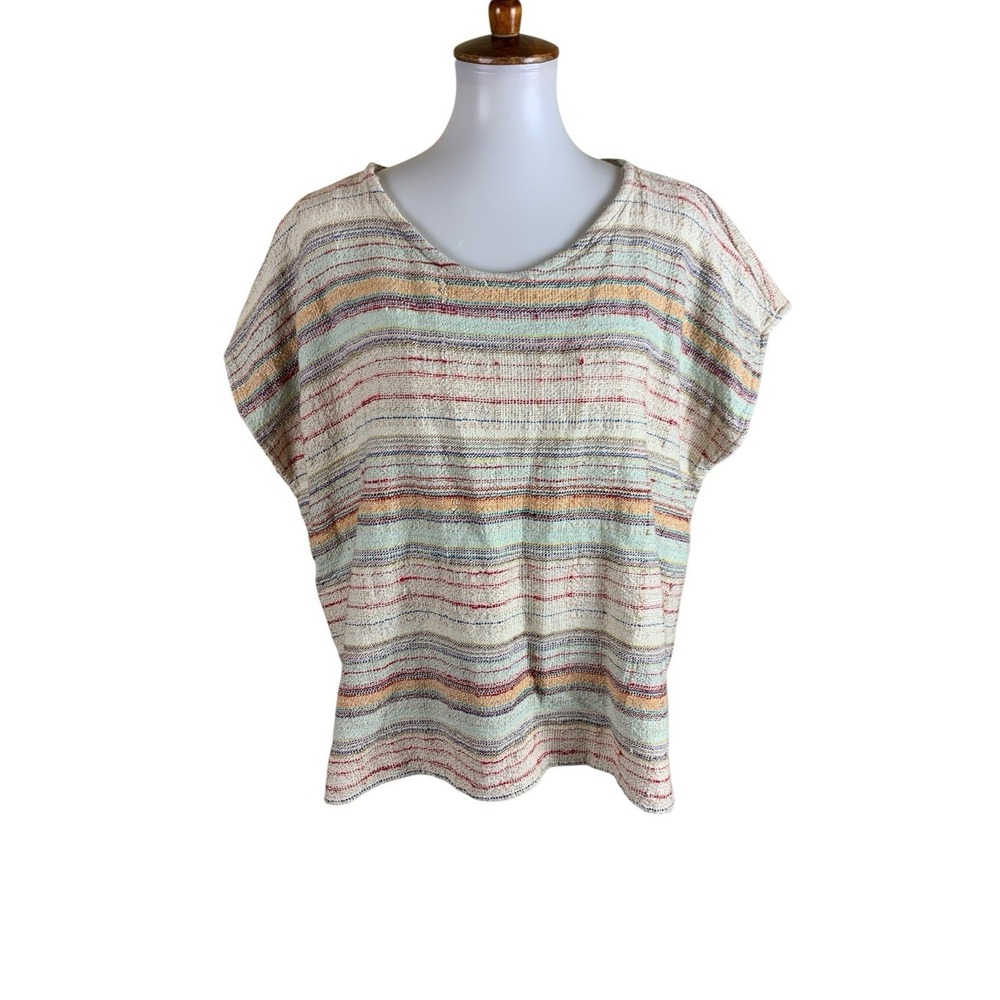 Dylan Multicolor Striped Frayed Gauze Linen Blend Boho Boxy Top Medium